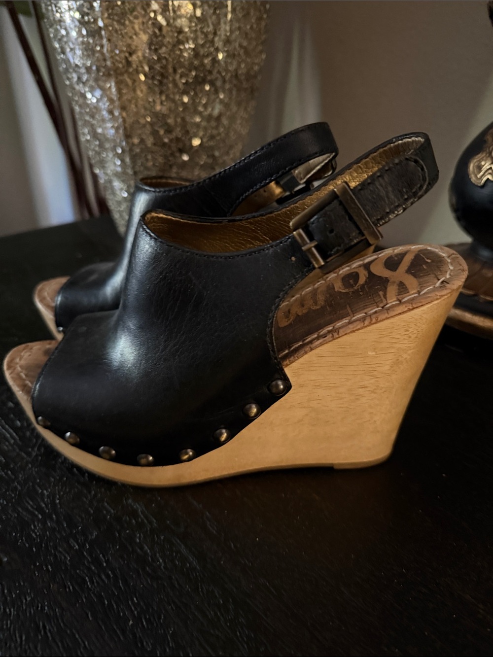 Sam Edelman Black Leather Studded Wedge Slingbacks